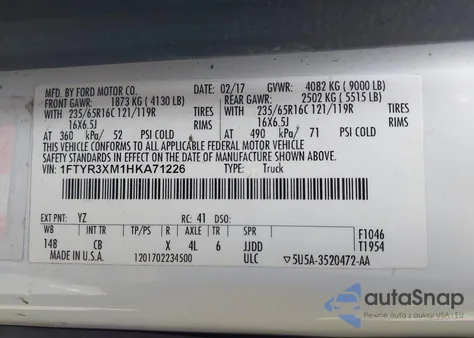 2017 Ford Transit-250 из США, поврежденный, VIN 1FTYR3XM1HKA71226